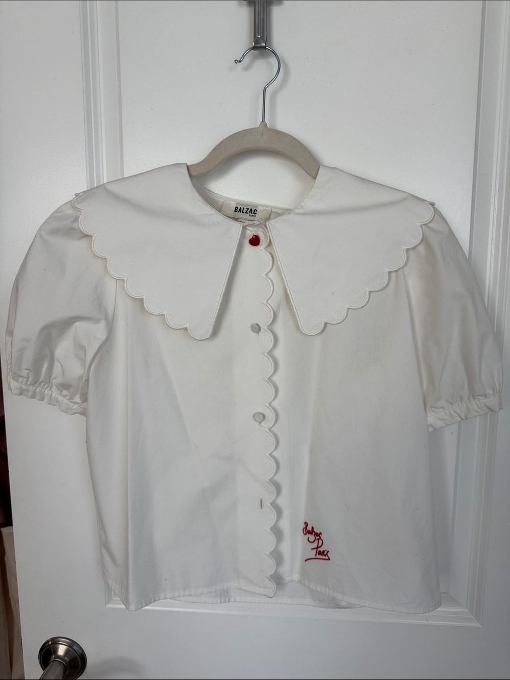Balzac White Scalloped Collar Blouse with Red Accent